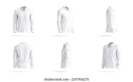 Blank white classic shirt mockup, rotation angles of all sides, 3d rendering. Empty elegant male blouse with cuff mock up, isolated. Clear fabric classy of formal wear for office. 3D Illustration