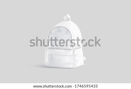 Blank white closed backpack with zipper mockup, half-turned view, 3d rendering. Empty student carry back pack mock up, gray background. Clear fabric schoolbag or haversack mokcup template.