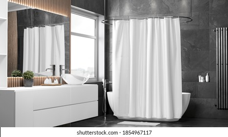 Blank White Closed Shower Curtain Mockup, Half-turned View, 3d Rendering. Empty Liner Shade In Bathroom Interior Mock Up. Clear Waterproof Polyester Cover With Buttonholes For Bath Decor Template.