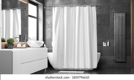 Blank White Closed Shower Curtain Mock Up, Front View, 3d Rendering. Empty Toilet Apartment With Bath Curtain Mockup. Screen Blind Slip  In Indoor Furniture Template.