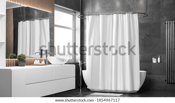 Blank white closed shower curtain mockup,\
half-turned view, 3d rendering. Empty liner shade in bathroom\
interior mock up. Clear waterproof polyester cover with buttonholes\
for bath decor\
template.
