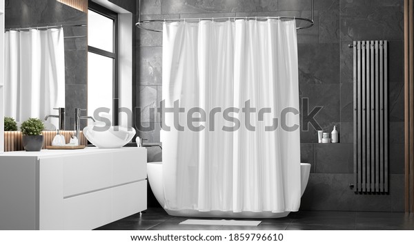 Blank white closed shower\
curtain mock up, front view, 3d rendering. Empty toilet apartment\
with bath curtain mockup. Screen blind slip  in indoor furniture\
template.