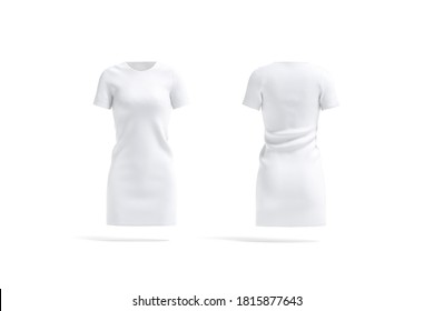 Blank white cloth dress mockup, front and back view, 3d rendering. Empty women cotton jersey or gown mock up, isolated. Clear fashion attire or casual costume template.
