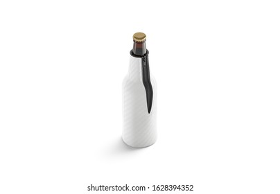 Blank White Collapsible Beer Bottle Koozie Mockup, Isolated, 3d Rendering. Empty Can With Lemonade Or Alchohol In Sleeve Holder Mock Up. Clear Neoprene Coozie For Cold Drink Mokcup Template.