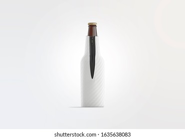 Blank White Collapsible Beer Bottle Koozie Mock Up, Front View, 3d Rendering. Empty Alcohol Case With Zip Mockup, Isolated. Clear Glass Botle In Hugger Pocket Mokcup Template.