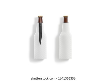 Blank White Collapsible Beer Bottle Koozie Mockup, Front And Back, 3d Rendering. Empty Cold Beverage Kozie Mock Up Isolated, Top View. Clear Glass Botle In Holder With Zip Mokcup Template.