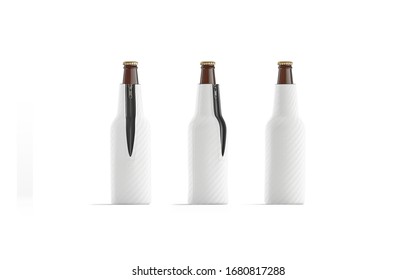 Blank White Collapsible Beer Bottle Koozie Mockup, Front And Back, 3d Rendering. Empty Alcohol Pocket Or Case Holder Mock Up, Isolated. Clear Accessory Sleeve For Cold Beverage Mokcup Template.