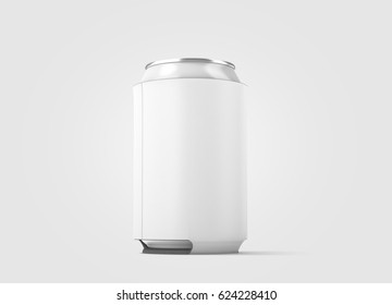 Blank White Collapsible Beer Can Koozie Mockup Isolated, Side View, 3d Rendering. Empty Neoprene Cooler Holder Mock Up For Tin Beverage. Plain Drinkware Hugger Design Template. Fizzy Pop Soda Sleeve.