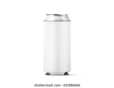 Blank White Collapsible Beer Can Koozie Mock Up Isolated, For 500 Ml, 3d Rendering. Empty Neoprene Cooler Holder Mockup For Tin Beverage. Plain Drinkware Hugger Design Template. Clear Soda Sleeve