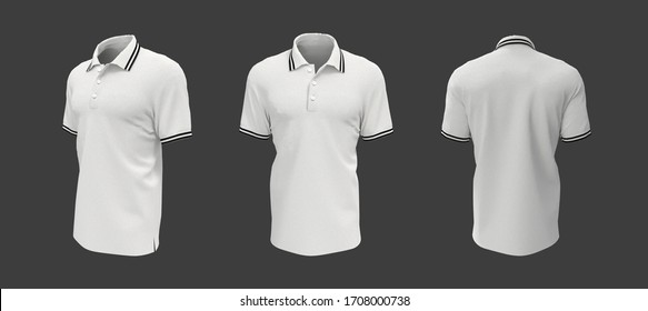 Blank White Collared Shirt Mock Up Template With Black Stripe. Front, Back And Side View, Isolated On Grey, Plain T-shirt Mock Up, Polo Tee Design Presentation For Print, 3d Rendering, 3d Illustration