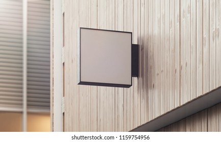 Blank white company store sign board mock up on a wooden wall. 3D Rendering