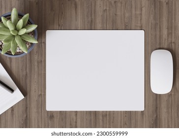 Blank and white computer mouse pad on the desk at home. Mousepad mockup. Copy space for your picture or text. Empty mouse mat ready for your design. Mock up, template. 3D render. 3D Illustration