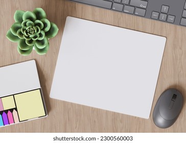 Blank and white computer mouse pad on the desk at home. Mousepad mockup. Copy space for your picture or text. Empty mouse mat ready for your design. Mock up, template. 3D render. 3D Illustration