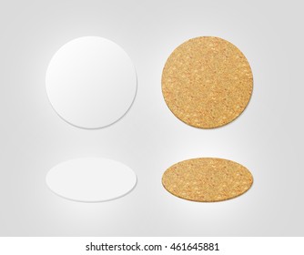 Blank White And Cork Textured Beer Coasters Mockup,  3d Illustration. Round Clear Mug Mat Design Mock Up Top View. Circle Cup Rug Display, 2 Side Set, Isolated. Bottle Plain Coaster