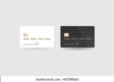 Blank White Credit Card Mockup Isolated, Clipping Path, Front And Back Side, 3d Illustration. Clear Plastic Card Mock Up. Black Surface Bank Card With Electronic Chip. Debit Card Design Template.