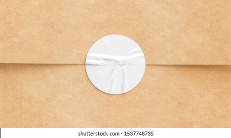 BLank White Crumpled Sticker On Craft Paper Mock Up, 3d Rendering. Empty Kaft Pack With Tag For Premiss Mockup. Clear Envelope Or Gift Box Wrapping With Glue Stick Mokcup Template.