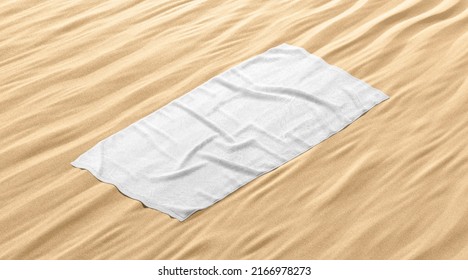 Blank White Crumpled Unfolded Big Towel Mockup, Sand Background, 3d Rendering. Empty Rectangular Soft Terry On Beach Sandy Surface, Side View. Clear Dry Cotton Micorfiber Template.