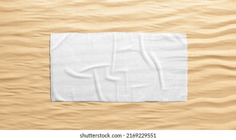 Blank White Crumpled Unfolded Big Towel Mock Up, Sand Background, 3d Rendering. Empty Textile Wipe Material On Beach Surface Mockup, Top View. Clear Cotton Dry Bath Sheet Template.