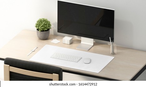 Blank White Desk Mat For Mouse And Keyboard Mockup, 3d Rendering. Waterproof Pad On Desktop For Gameplay Mock Up. Clear Work-table With Computer And Rubber Carpet Mokcup Template.