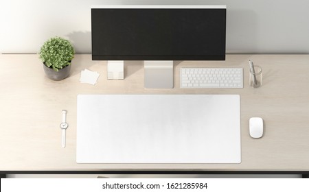 Blank White Desk Mat Mouse And Keyboard Mockup, Top View, 3d Rendering. Empty Rectangular Surface For Workspace Mock Up. Clear Workplace Pad For Pc And Gadget Mokcup Template.