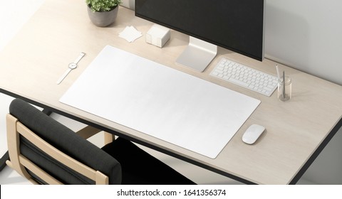 Blank White Desk Mat On Work Table Mockup, Side View, 3d Rendering. Empty Fabric Pad For Mouse And Keypad Control Mock Up. Clear Cloth Long Sheet On Workplace Mokcup Template.