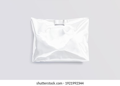 Blank White Die-cut Full Plastic Bag With Handle Hole Mockup, Gray Background, 3d Rendering. Empty Wide Polythene Packet Mock Up, Top View. Clear Packaging For Grocery Stuff Template.