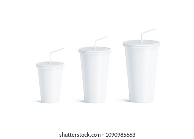 Blank White Disposable Cup With Straw Mock Up Set Isolated, 3d Rendering. Empty Paper Soda Drinking Mug Mockup With Lid And Tube Different Sizes. Clear Soft Drink Cola Take Away Plastic Package