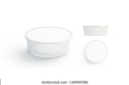 Blank White Disposable Food Container Mockup Set, 3d Rendering. Empty Round Lunch Box With Lid Mock Up. Blank Transparent Plastic Package For Meal, Isolated. Take Away Bento Template.