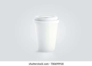 Blank White Disposable Paper Cup With Plastic Lid Mock Up Isolated, 3d Rendering. Empty Polystyrene Coffee Drinking Mug Mockup Front View. Clear Plain Tea Take Away Package, Coffe Branding Template.