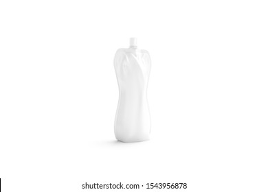 Blank White Doy Soft Bottle Pack With Cap Mockup, Side View, 3d Rendering. Empty Sauce Or Water Botle Mock Up, Isolated. Clear Flexible Pouch With Spout For Puree Or Yogurt Mokcup Template.