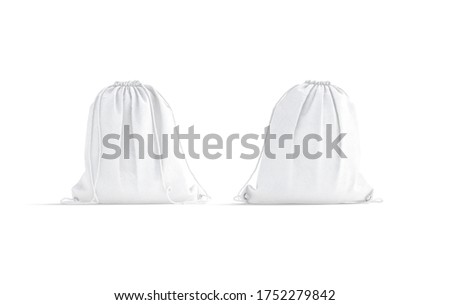 Blank white drawstring backpack mockup, front and back view, 3d rendering. Empty fabric backpacking with string mock up, isolated. Clear carry turnbeutel or rucksack mokcup template.