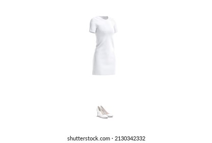 Blank white dress and high heels shoes mockup, side view, 3d rendering. Empty classic gown and stilettos for female outfit mock up, isolated. Clear casual clothing with midi and footgear template.