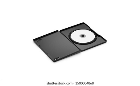 Blank White Dvd Disk In Black Plastic Case Mockup, Isolated, 3d Rendering. Empty Opened Dvd-r Package Mock Up, Side View. Clear Movie Compact Cover Design Template.