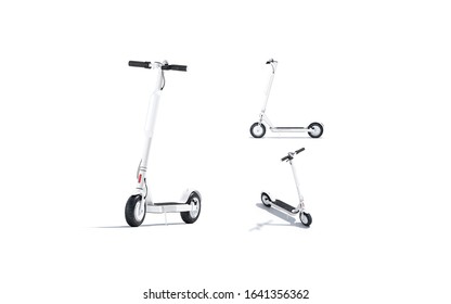 Blank White Electric Scooter With Banner Mockup, Different Views, 3d Rendering. Empty Delivery Or Excursion Hire Bike Mock Up, Isolated. Clear Motorized Skouter With Signage Mokcup Template.