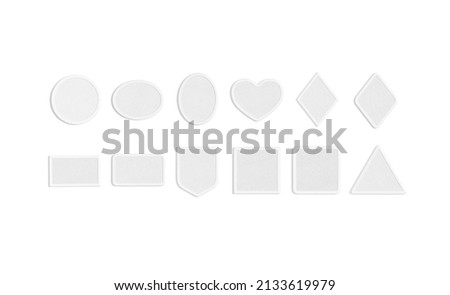 Blank white embroidered patch mockup, different types, top view, 3d rendering. Empty embroidery textile label mock up, isolated. Clear decoration team onlay for logotype template.