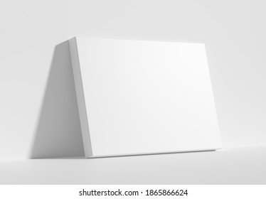 Blank white empty horizontal rectangular poster on floor leaning at empty white wall, diagonal view, white bleached colorless poster mock-up, 3D Illustration