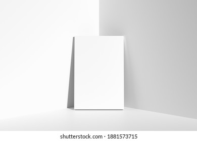 Blank white empty rectangular poster on floor leaning at empty white walls in cornet, white bleached colorless poster mock-up, 3D Illustration