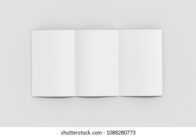 Blank White Empty Square Tri Fold Brochure Isolated On Light Grey Background, 3d Illustration.   