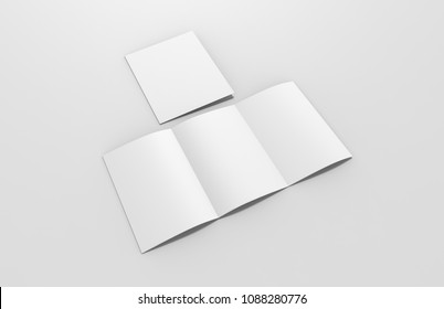 Blank White Empty Square Tri Fold Brochure Isolated On Light Grey Background, 3d Illustration.   