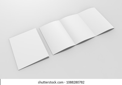 Blank White Empty Square Tri Fold Brochure Isolated On Light Grey Background, 3d Illustration.   