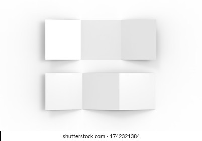 Blank White Empty Square Tri Fold Catalogue, Brochure, Flyer. Mock Up And Template Design On Isolated White Background, 3d Illustration