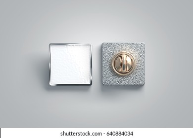 Blank White Enamel Pin Mock Up, Front And Back Side View, 3d Rendering. Empty Luxury Hard Lapel Badge Mockup. Silver Clasp-pin Design Template. Matal Square Brooch For Logo Presentation.