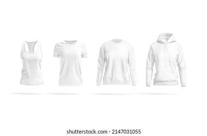 Blank white female t-shirt, tanktop, sweatshirt and hoodie mockup, isolated, 3d rendering. Empty female fabric jersey sport clothing mock up, front view. Clear clothe activewear for gym template
