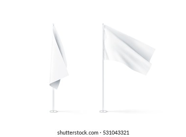 Blank white flags mockup set, plain and waving, 3d rendnering. Clear rippled flagpole design mock up. Pole with banner on wind. Business branding cloth pennon. Clean pillar for logo presentation.