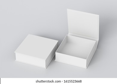 Blank White Flat Square Gift Box With Open And Closed Hinged Flap Lid On White Background. Clipping Path Around Box Mock Up. 3d Illustration