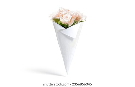 Blank white flowers cone wrap mockup, front view, 3d rendering. Empty paper decor packaging for rose bouquet mock up, isolated. Clear floral craft wrapping for valentine or birthday. 3D Illustration - Powered by Shutterstock