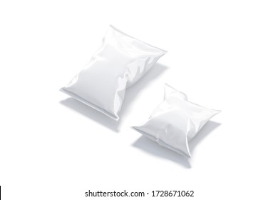 Blank white foil big and small chips pack mockup, isolated, 3d rendering. Empty potato nachos or doritos sealed packet mock up, side view. Clear packaging for cheese balls or crackers mokcup template.