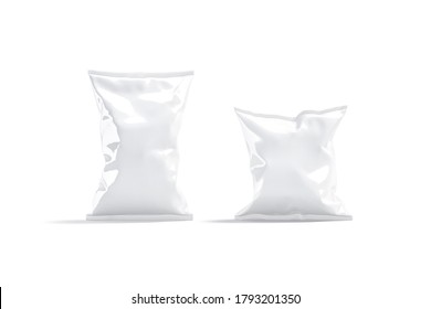 Blank White Foil Big And Small Chips Pack Mockup Stand, 3d Rendering. Empty Sealed Plastic Packaging For Nachos Mock Up, Isolated, Front View. Clear Cheez Or Popcorn Packet Template.