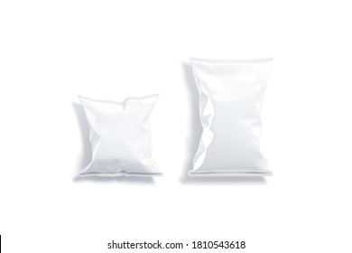 Blank White Foil Big And Small Chips Pack Mockup, Isolated, 3d Rendering. Empty Bitlong Or Popcorn Packaging Mock Up, Top View. Clear Sealed Packet For Crackers Or Potato Snack Template.