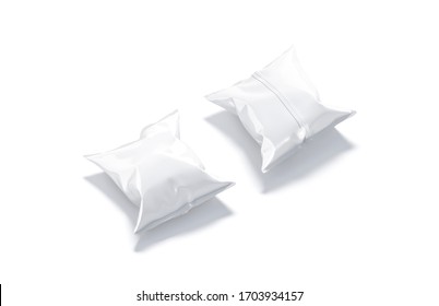 Blank White Foil Chips Pack Mockup, Front And Back View, 3d Rendering. Empty Flex Package For Nuts Or Riffle Crisp Mock Up, Isolated. Clear Sachet Poch With Corners Or Potato Crackers Mokcup Template.